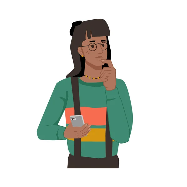 Donna con smartphone in mano, viso premuroso — Vettoriale Stock