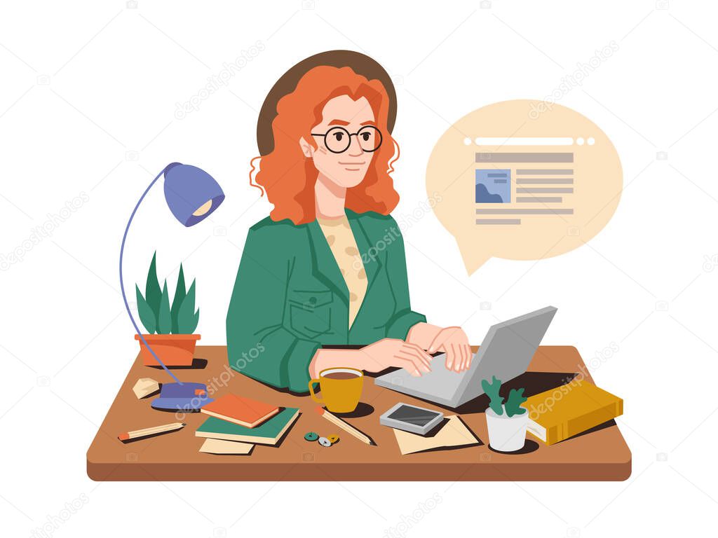 Woman journalist write publication on computer