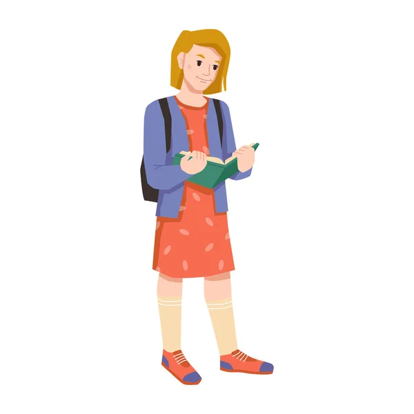 Gyermek lány könyv a kezében és hátizsák, tanuló — Stock Vector