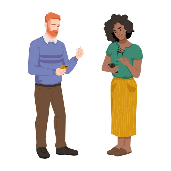 Les gens avec des smartphones, homme et femme bavardant — Image vectorielle