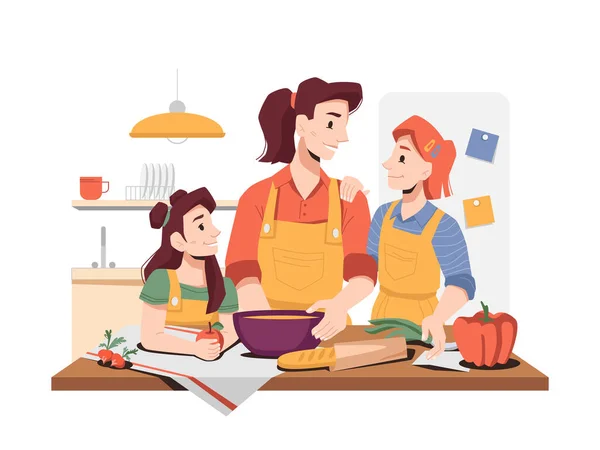 Filhas ajudando a mãe a cozinhar alimentos na cozinha —  Vetores de Stock