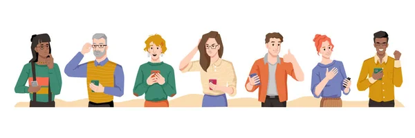 Hombre y mujer con teléfonos móviles, emociones — Vector de stock