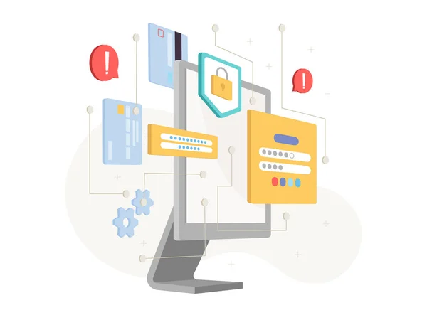 Concepto de ciberseguridad. Pantalla, iconos de seguridad de datos — Archivo Imágenes Vectoriales