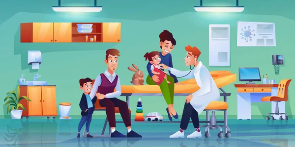 Family at pediatricians office, medical checkup — Stock Vector