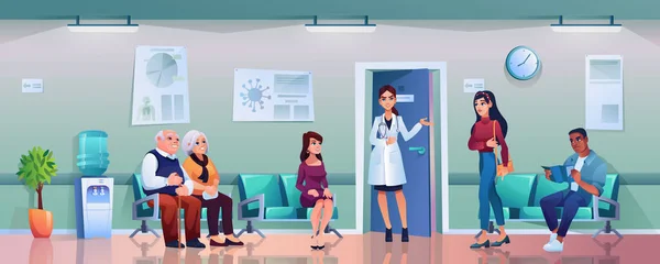 Kön till läkare, sjuksköterska inbjuder patient, korridor — Stock vektor