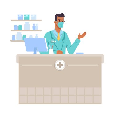 Eczacı işyeri, maske takan adam.