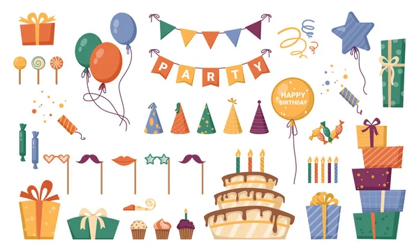 Birthday party decorations, cake and presents — Stock Vector