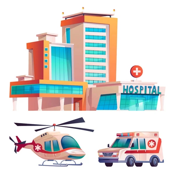 Bâtiment hospitalier, hélicoptère et ambulance, ensemble — Image vectorielle