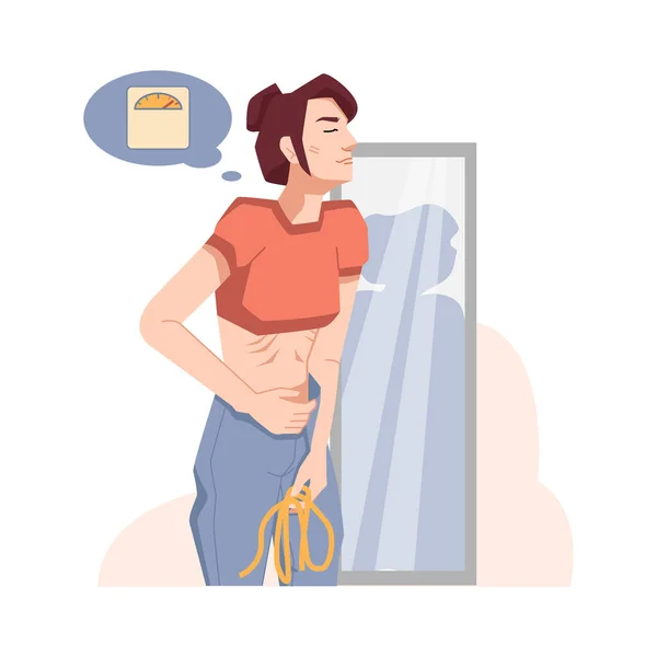 Mujer flaca piensa que es gorda, problema de anorexia — Vector de stock