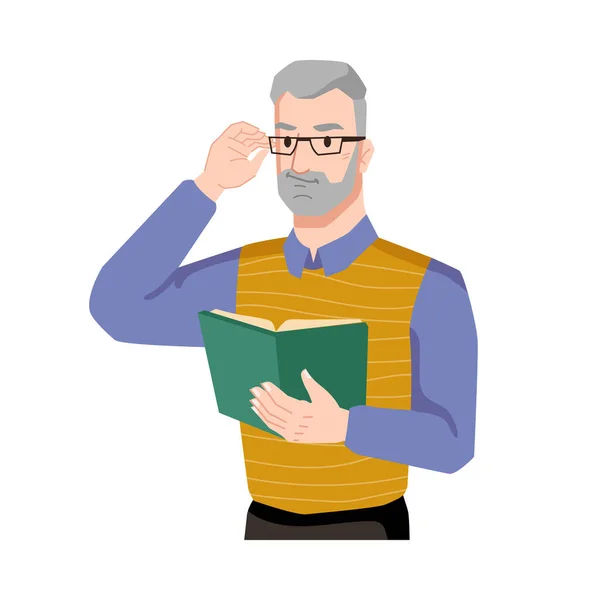 Guy grinning book, adult bearded man in glasses — Stock Vector