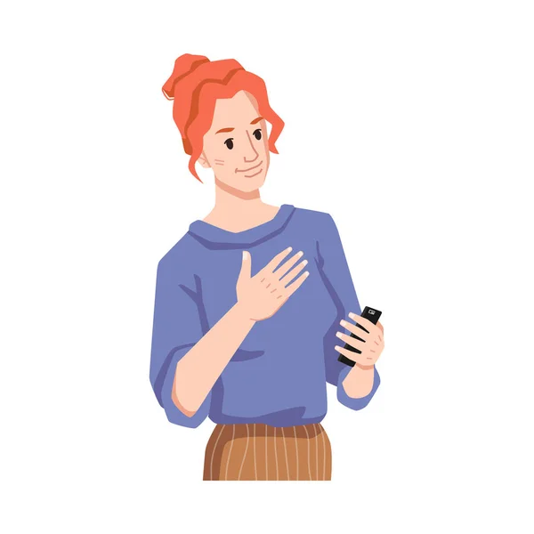 Redhead girl empathize reading smartphone message — Stock Vector