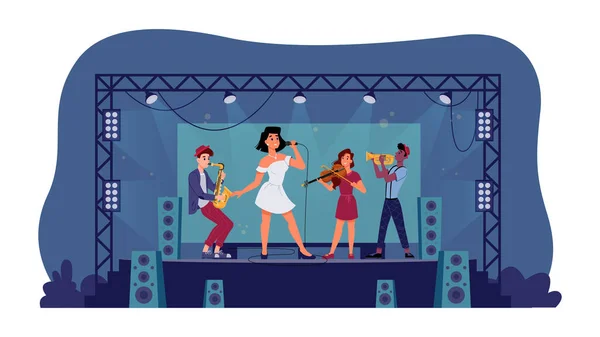 Music band group on open stage with spotlights — Stock Vector