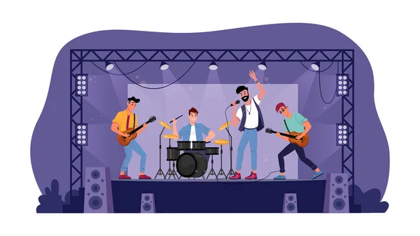 Zenei zenekar a színpadon a szabadtéri rock fesztiválon — Stock Vector