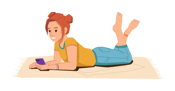 Tiener meisje met smartphone op tapijt geïsoleerd — Stockvector