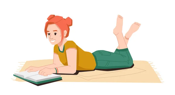 Junges Mädchen liest Buch isoliert auf Teppich liegend — Stockvektor