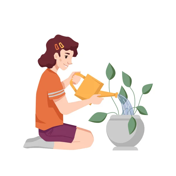 白人女孩用水可以浇灌自家的植物 — 图库矢量图片