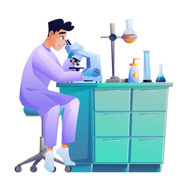 Scientist with chemical tube flasks and microscope — Stock Vector