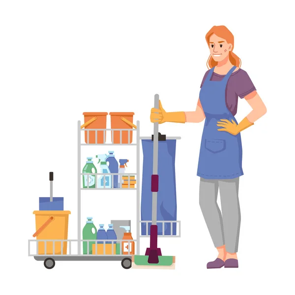 Cleaner staff with trolley full of detergents — Stock Vector