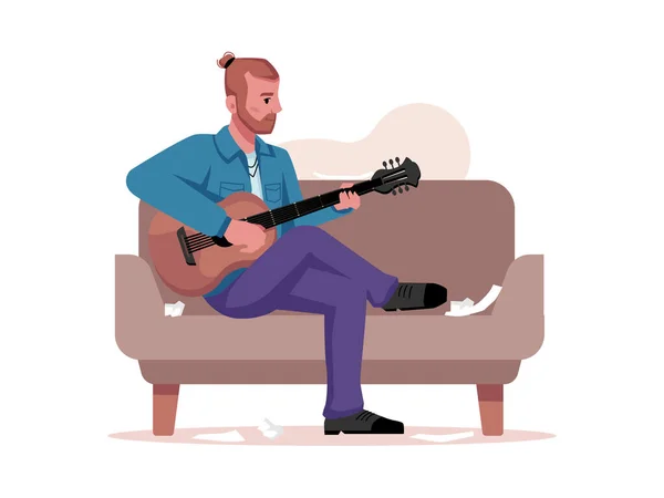 Homme sur canapé jouant de la guitare à cordes composer des chansons — Image vectorielle