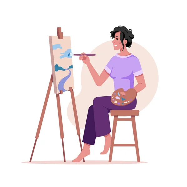 Artista mujer pintor dibuja en caballete cuadro moderno — Vector de stock