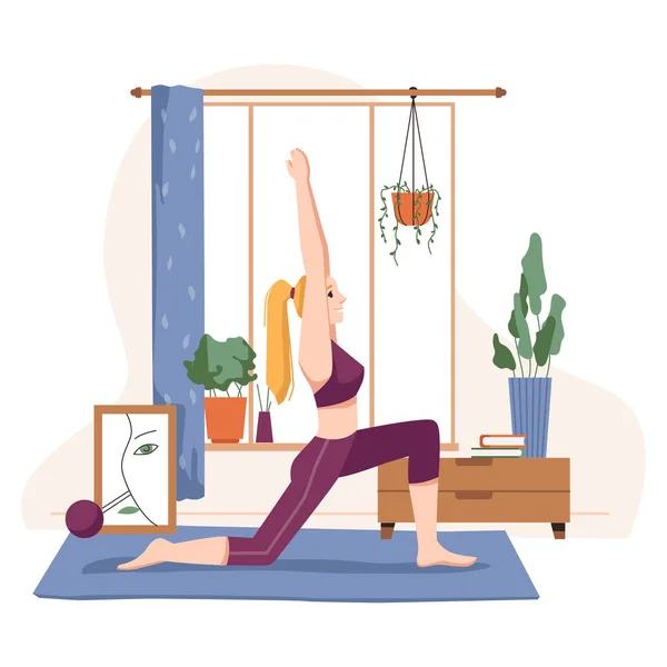 Casa deportes y ejercicio, mujer haciendo vector de yoga — Archivo Imágenes Vectoriales