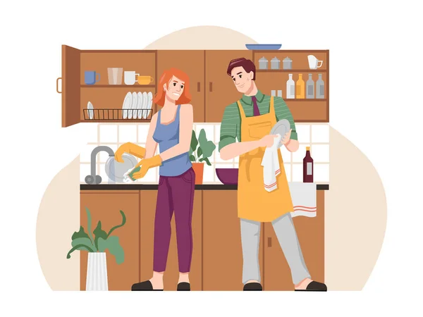 Homem e mulher lavar e secar pratos na cozinha —  Vetores de Stock