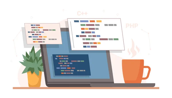 프로그래밍과 코딩, 노트북과 컵이 있는 테이블 — 스톡 벡터