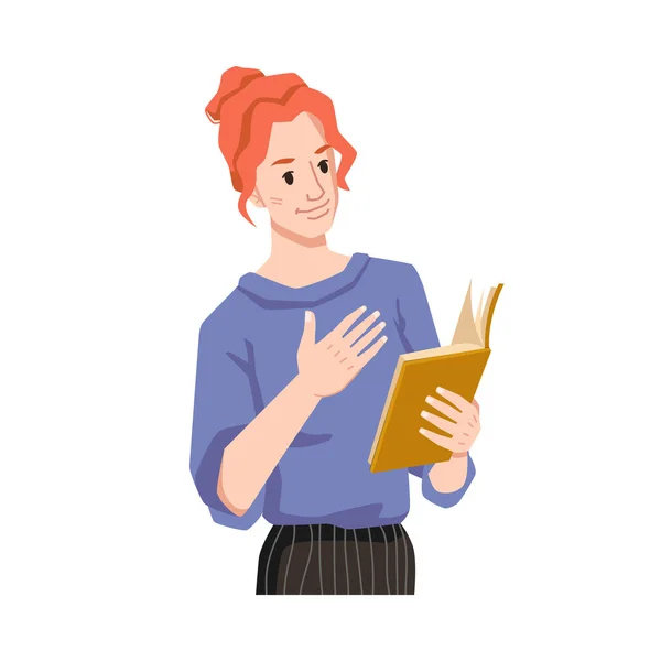 Woman feel with book, empathizes reading novel — Stock Vector