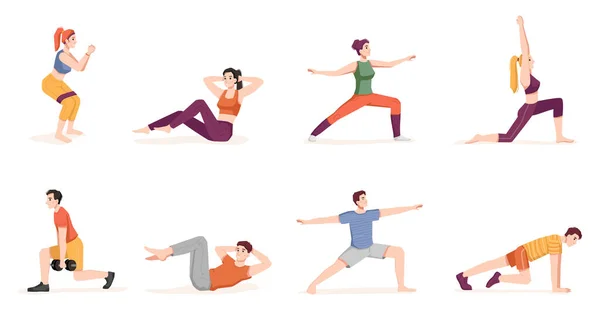 Personas haciendo ejercicio, ejercicios físicos personajes — Archivo Imágenes Vectoriales