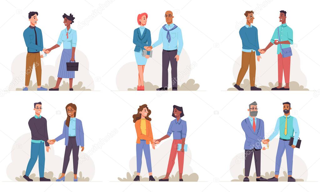 Man and woman shaking hands isolated people set