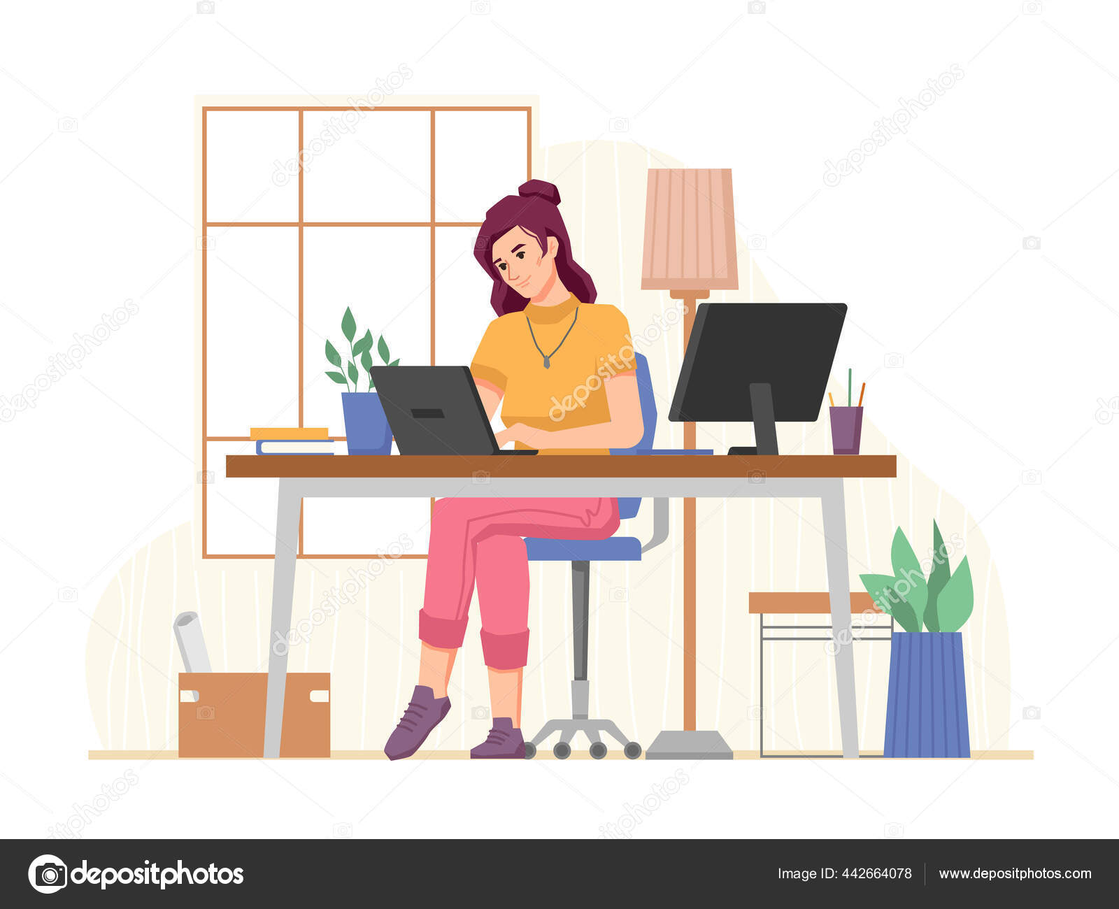 Woman working at job in home office workplace Stock Vector Image by ©Sensvector #442664078 Woman working at job in home office workplace Stock Vector Image by ©Sensvector #442664078