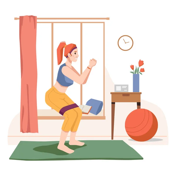Mujer haciendo deportes en casa, relajarse y fitness — Archivo Imágenes Vectoriales