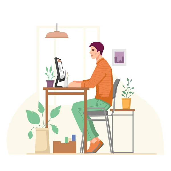 Man working remotely in home office workplace — Stock Vector