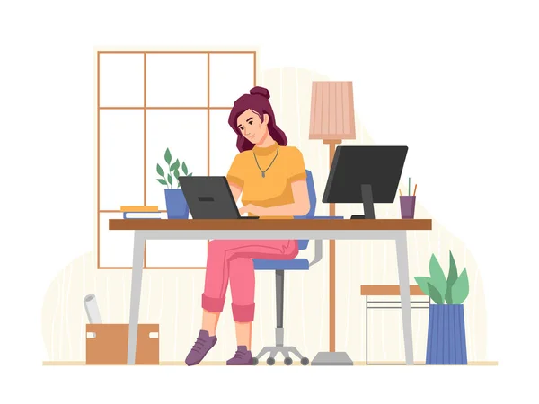 Женщина, работающая на рабочем месте в домашнем офисе — стоковый вектор