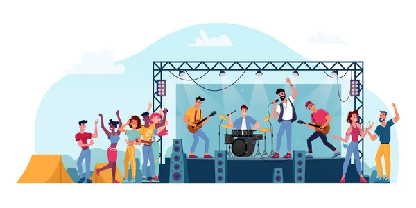 Zenei zenekar a színpadon a szabadtéri rock fesztiválon — Stock Vector