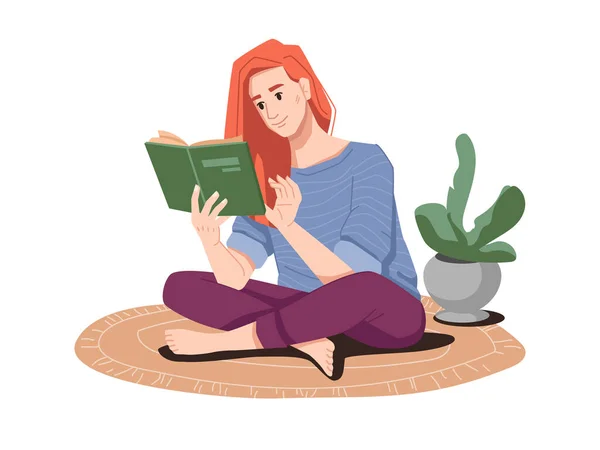 Redhead girl reading book in lotus pose on floor — Stock Vector