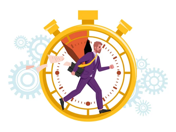Tijd management man loopt in stopwatch, deadline — Stockvector