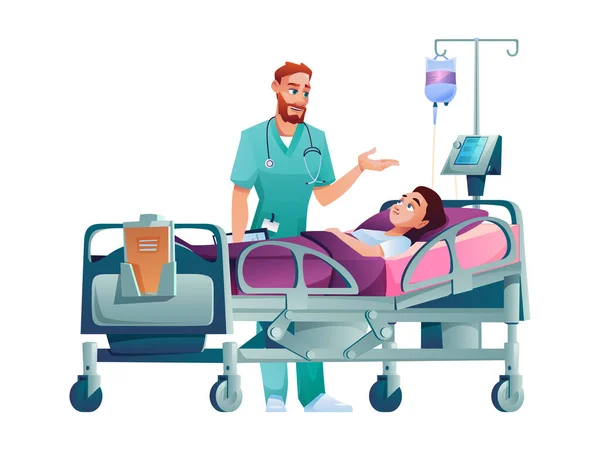 Pacjent w łóżku z kroplomierzem i odizolowanym lekarzem — Wektor stockowy