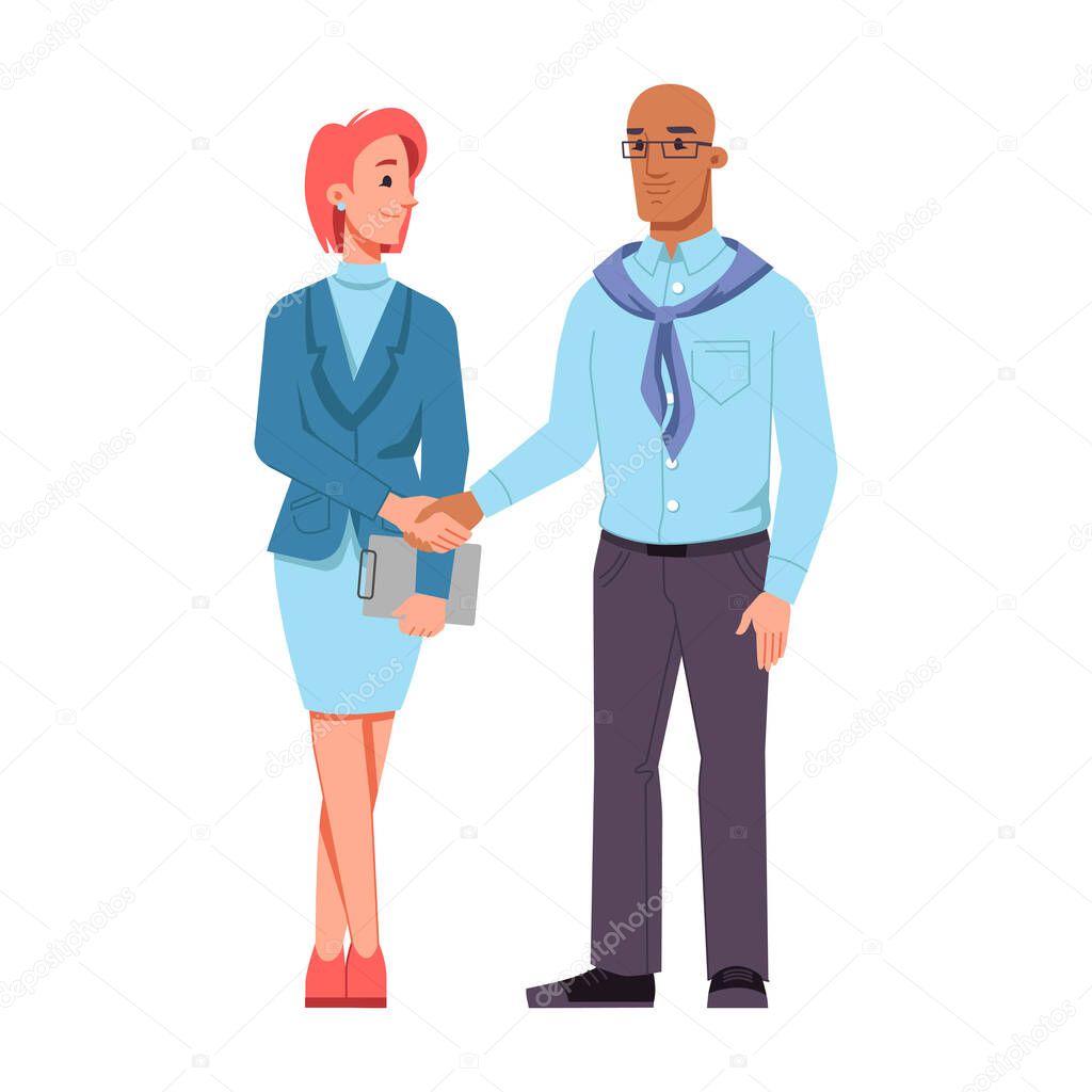 Man and woman of different races shaking hands