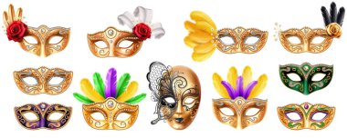 Mardi Gras karnavalı için izole bir maske seti.