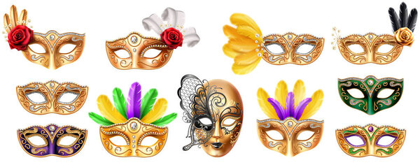 Set of isolated mask for Mardi Gras carnival.