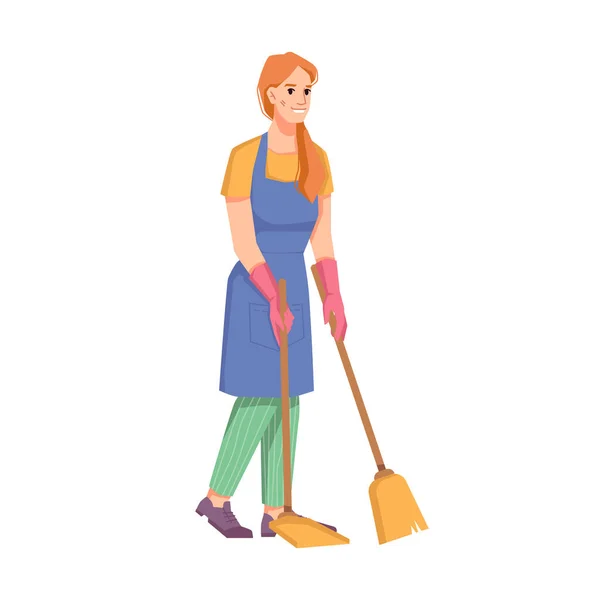 清洁服务，清洁工作人员与扫帚病媒 — 图库矢量图片