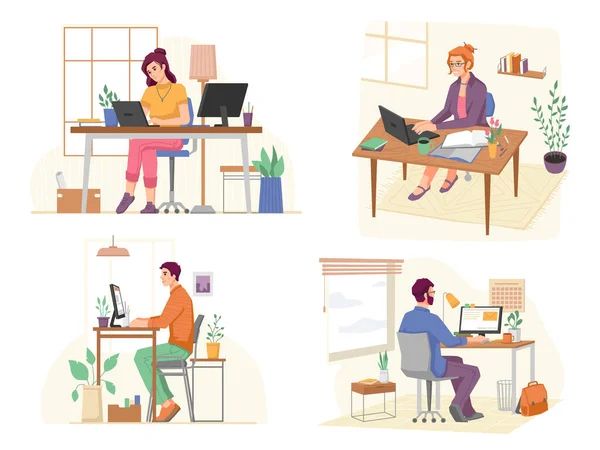 Personas que trabajan en la oficina en casa, diferentes ángulos — Vector de stock