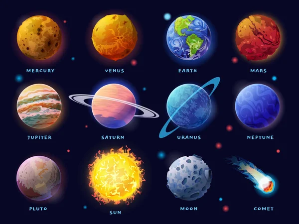 Planetas del Sistema Solar establecidos. Icono de luna, sol y cometa — Vector de stock