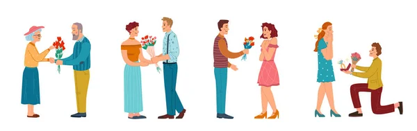 Hombres dando flores a las mujeres, propuesta y citas — Archivo Imágenes Vectoriales