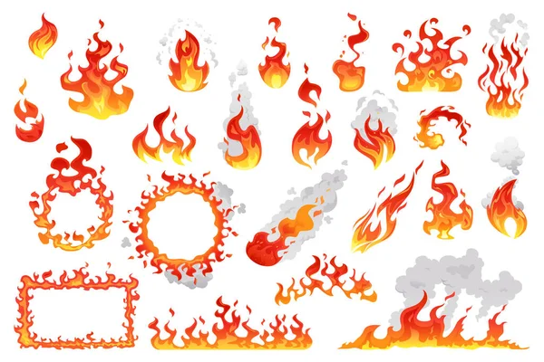 Juego de llamas de fuego, bolas de fuego y hoguera ardiente — Vector de stock