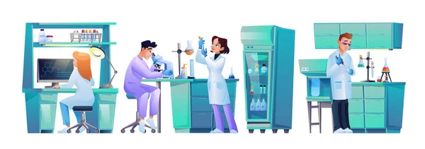 Laboratory assistants at workplaces scientist set — Stock Vector