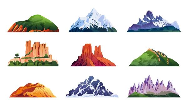 Set of mountain ridges, snowy rocky cliffs, hills Stock Vector