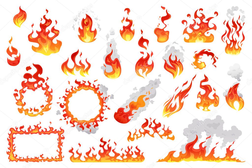 Set of fire flames, fireballs and burning bonfire