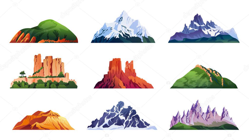 Set of mountain ridges, snowy rocky cliffs, hills